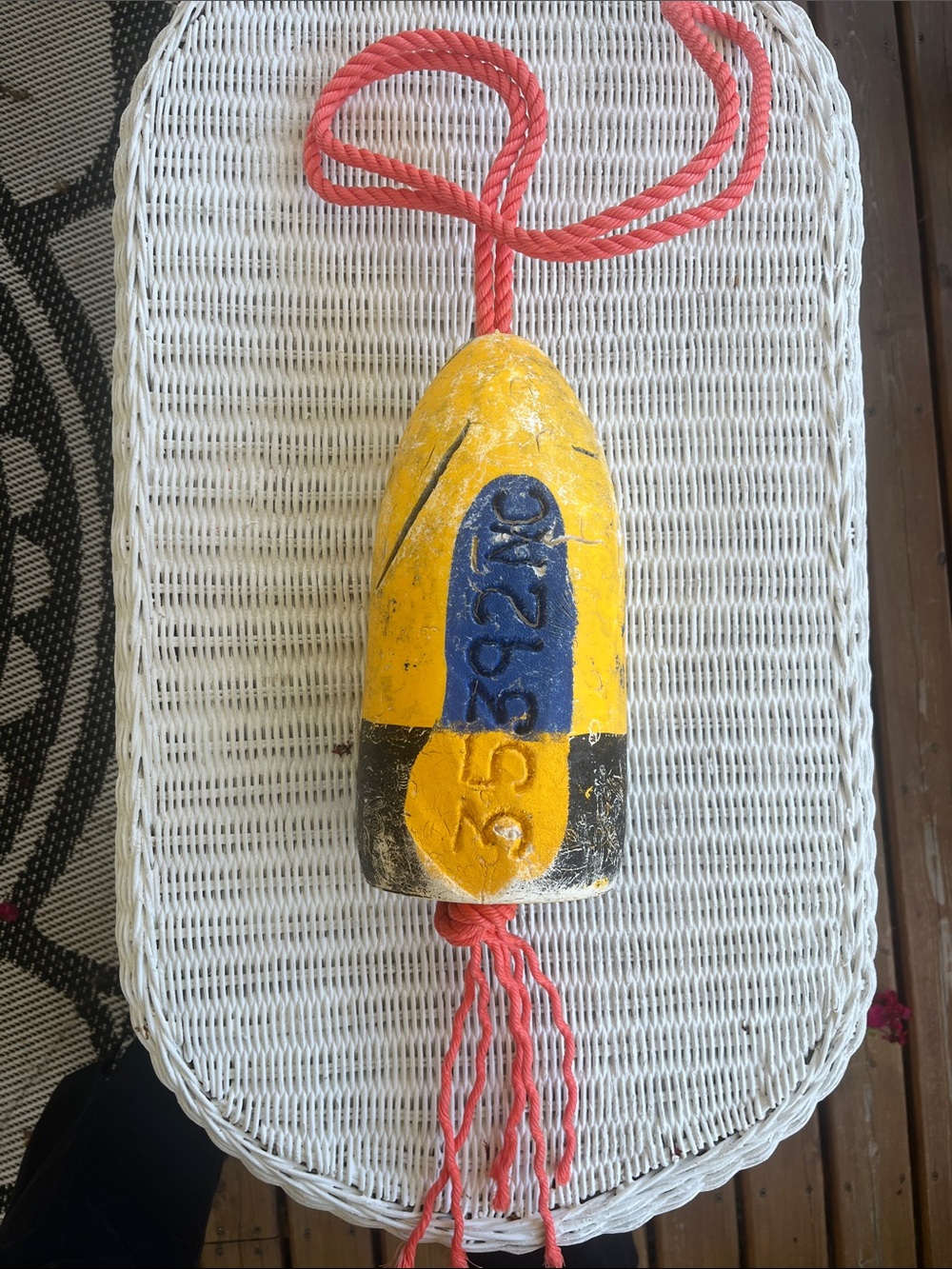 Yellow and Blue and black Decorative Buoy with Coral Rope Nautical Home Accent